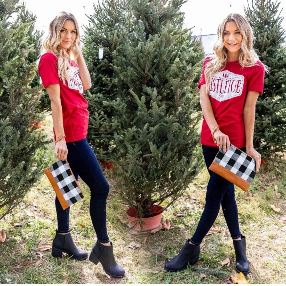 LAST ONE: Black white Buffalo plaid faux leather detail wristlet clutch - Picture 3 of 7